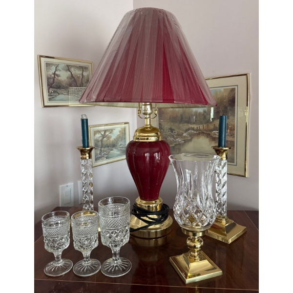Waterford Crystal Collection w/ Merlot Colored Table Lamp 24T & Nature Art