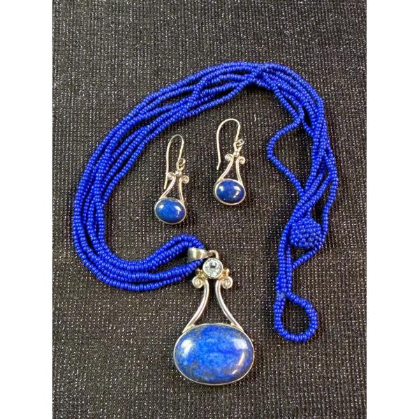 Sterling Silver Lapis Lazuli & Aquamarine Necklace & Ear Rings Set