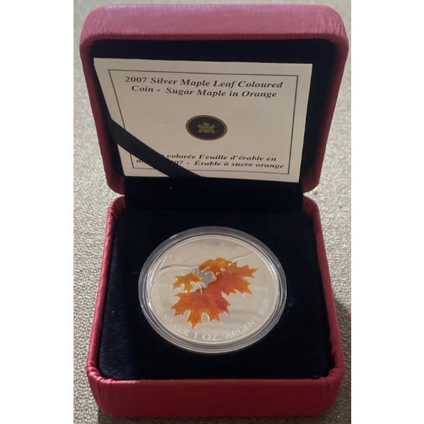2007 Silver Maple Leaf Coloured $5 Coin- Sugar Maple in Orange 99.9% Silver 31.39 Grams