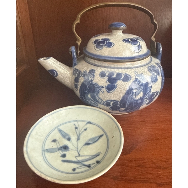 Antique Chinese Navy/White Porcelain Teapot w/ Brass Handle & Matching Saucer