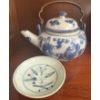 Image 1 : Antique Chinese Navy/White Porcelain Teapot w/ Brass Handle & Matching Saucer