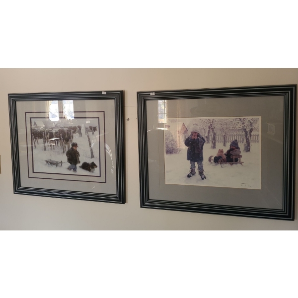 Two Prints of Children Outdoors in Winter- Artist Illegible, 26.5 X 22.5 Framed Under Glass 