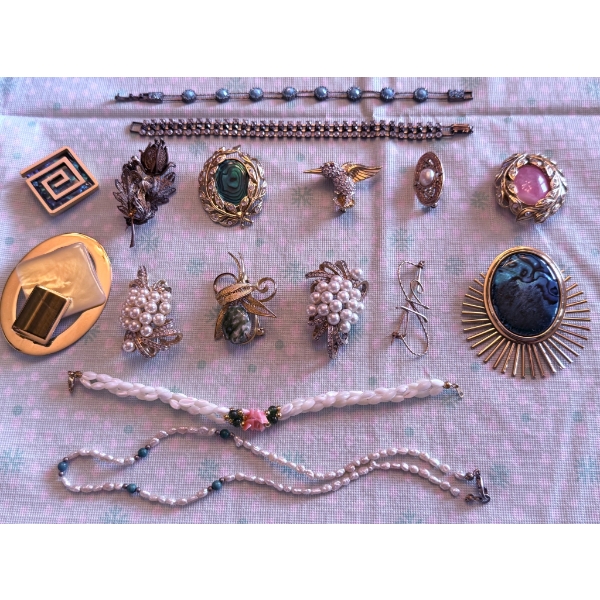 Vintage Brooches, Bracelets, and Necklaces with Gemstone and Beaded Details