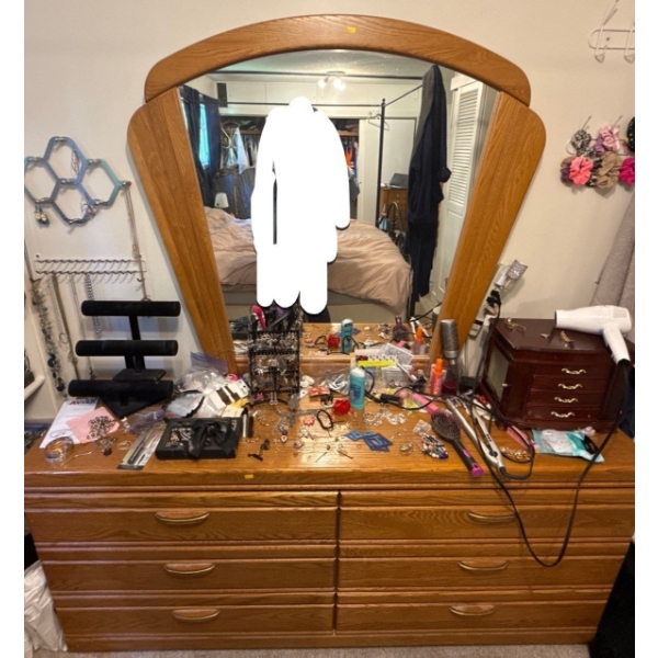 Wooden Dresser w/ Mirror, Contents NOT Included - 59W, 18D, 72T