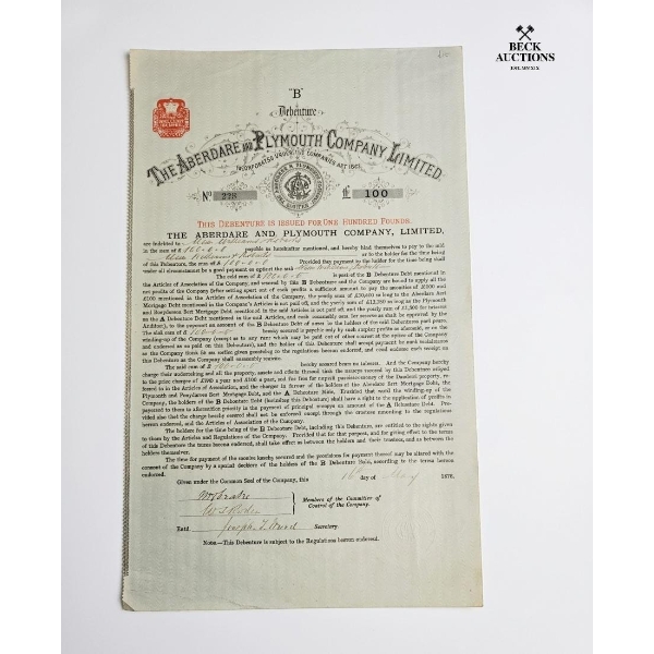 Antique Aberdare And Plymouth Company, Limited 'B' Debenture from 1876 Issued For One Hundred Pounds