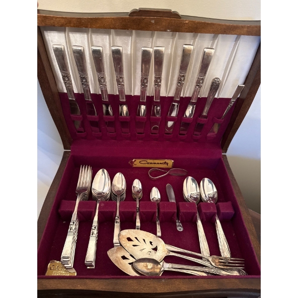 Community Silver Plate Cutlery Set in Solid Wood Box, Plus Other Plated Utensils 