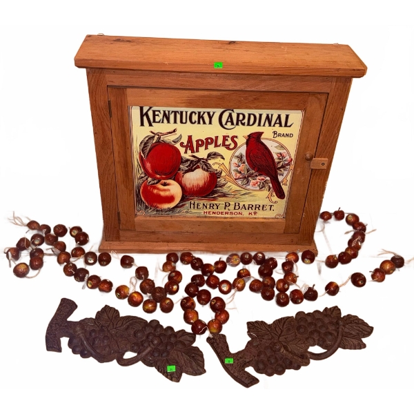 Wooden Wall Cabinet with Kentucky Cardinal Apples Advertising Panel and Decorative Items