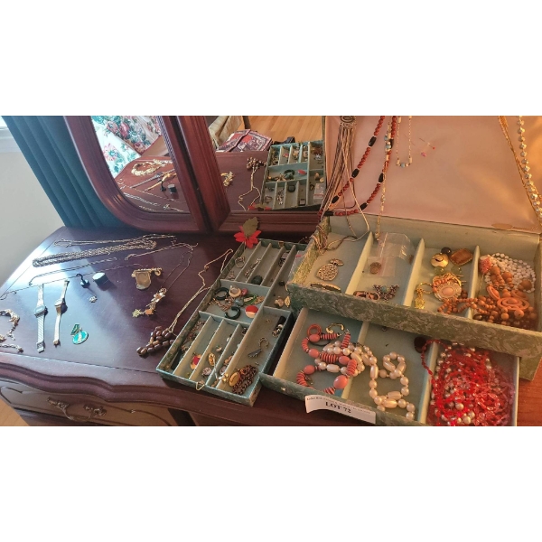Box Lot of Costume Jewelry Including Necklaces, Bracelets, and Earrings