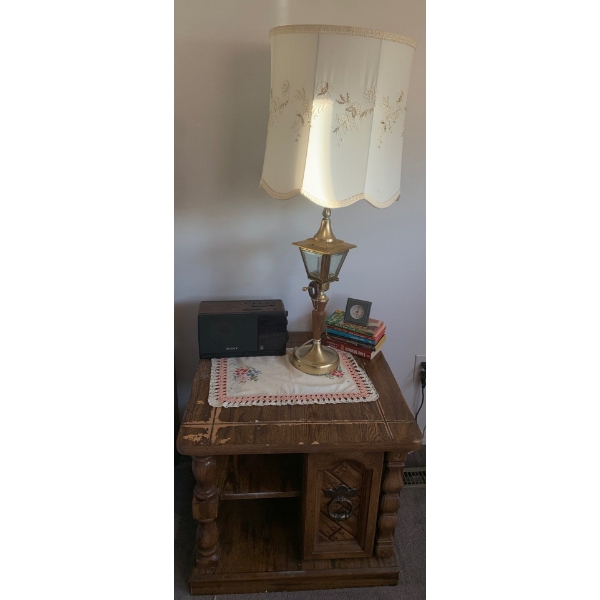 Vintage Side Table w/ Brass Lamp SONY Alarm Clock & More 24x24x20