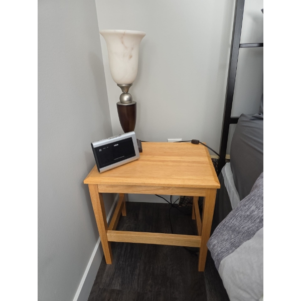 Wooden Side Table w/Lamp & Alarm Clock