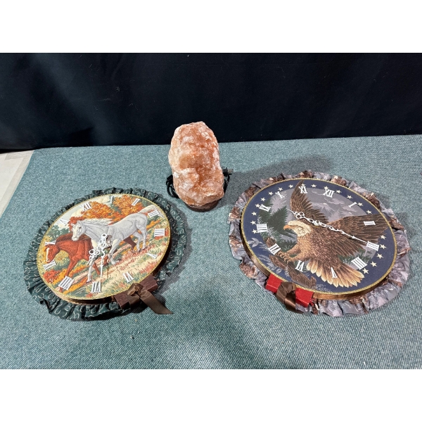 Large Salt Lamp 10 Inches x 5.5 Inches (Needs New Bulb) and Fabric Clocks