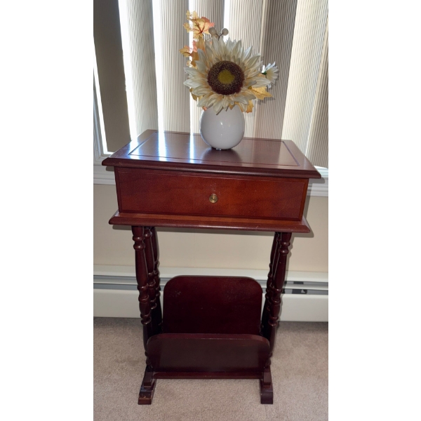 Mahogany End Table / Magazine Keep w/ Vase & Artificial Florals  