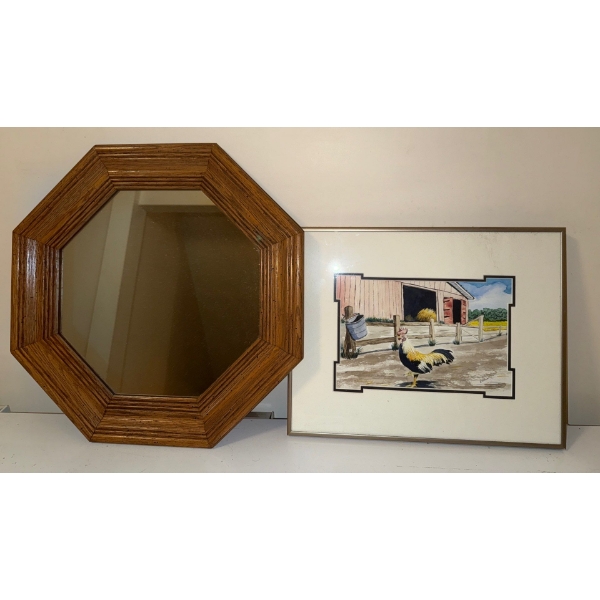 Six Sided Mirror w/Rooster On A Farm Wall Hanging/Art Piece