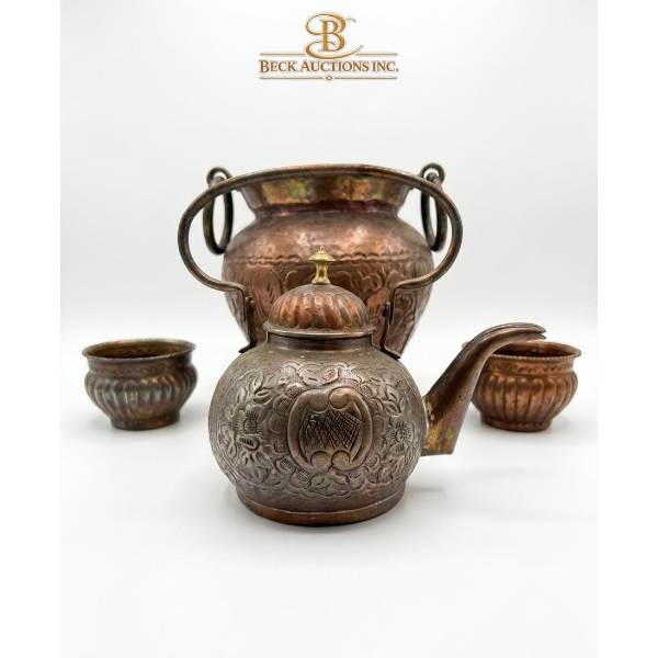 Persian Copper Teapot , Art Nouveau Copper Planter Pot 7''INCHES HEIGHT , Smaller Bowls 