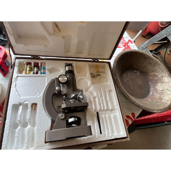  antique gold pan, and vintage microscope.