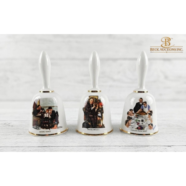 Porcelain Collector Bells , Artwork By Norman Rockwell, Manufactured By The Danbury Mint 1970s