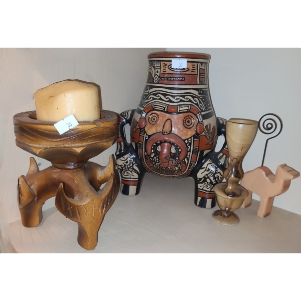 Mexican Mayan Inspired Jug 10 T, Wooden Stand and Other Decor