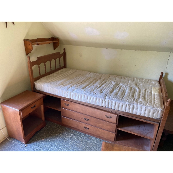 Vintage Bedroom Set with Bed, Nightstand, and Shelf 