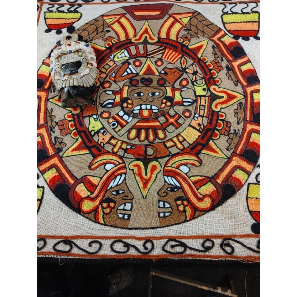 Mayan Calendar Wall Hanging Wool 35 x 33w & Gem Stone & Shell & Shaman Statue 10.5H