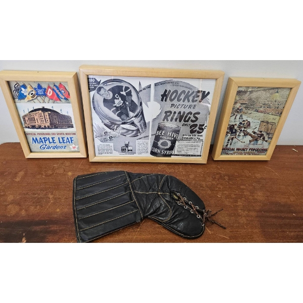 Framed Vintage Maple Leaf and Hockey Memorabilia with Vintage Glove