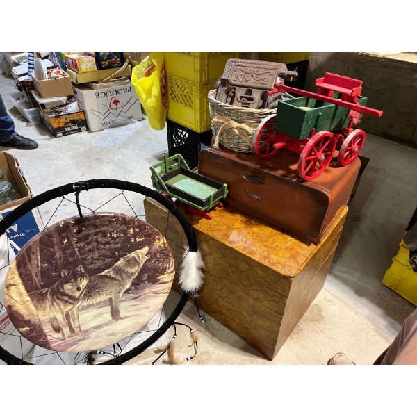  Number of vintage items, including a vintage bread, box a little horse drawn, winter sleigh and bas