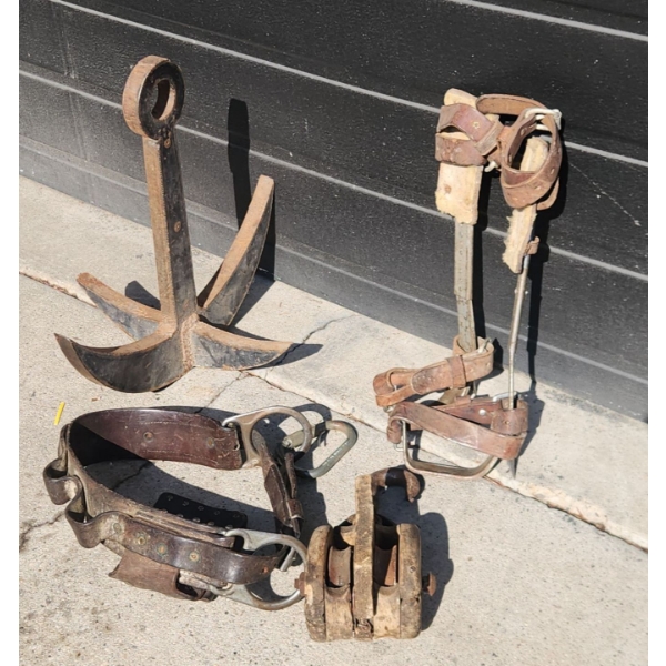 Vintage Work Gear Collection- Including Leather Belt, Old Pulley, Metal Anchor , Lineman Spurs 