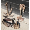 Image 1 : Vintage Work Gear Collection- Including Leather Belt, Old Pulley, Metal Anchor , Lineman Spurs 