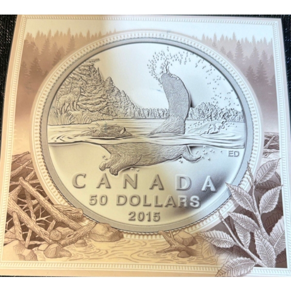 2015 $50 Beaver in a Lake Fine Silver Coin 15.87 Grams