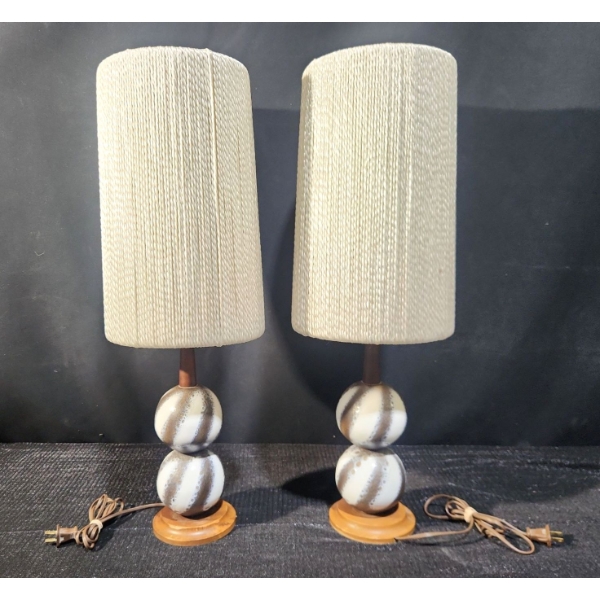 A Pair of Mid Century Stacked Sphere Table Lamps with String Shades- Tested