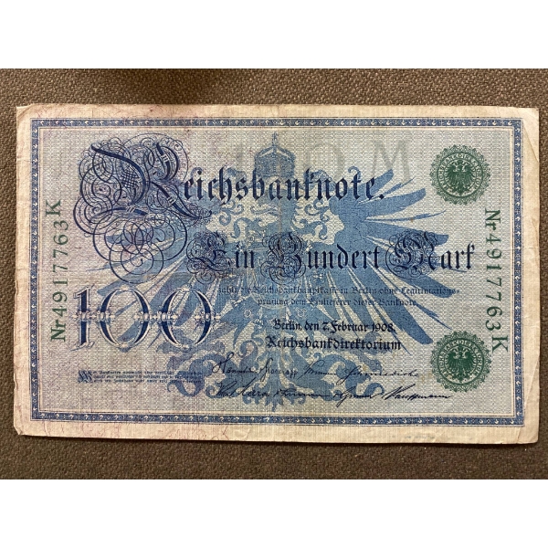 German 100 Mark Banknote, Reichsbanknote, Serial Nr 4917763K