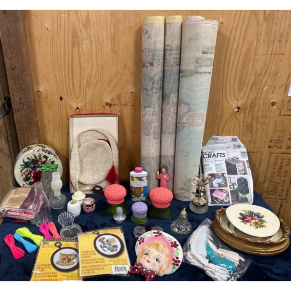 Decorative and Craft Items Featuring Textiles, Glassware, and Collectibles