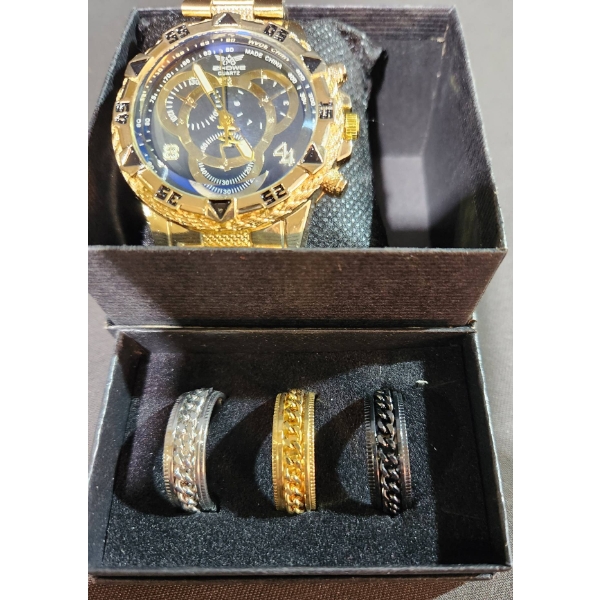 Zhowe Gold-Tone Quartz Wristwatch with Chain-Link Pattern and Set of Three Mens Rings