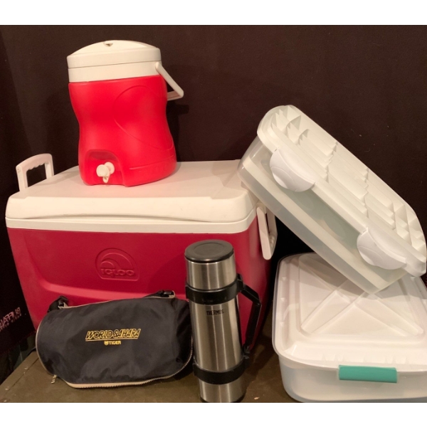 Storage/Camping Collection - Large Igloo Cooler w/ Small Cooler + Drink Dispenser, Thermos, & More