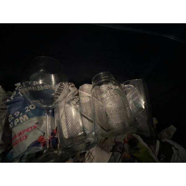 Collection of 6 large glasses 7 short glasses 4 wine glasses and a Masson jar with Tim Horton mug ov