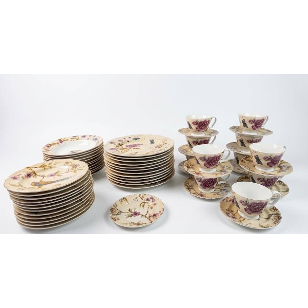 12 Plates Each Model and 11 Cups with Florals and Birds