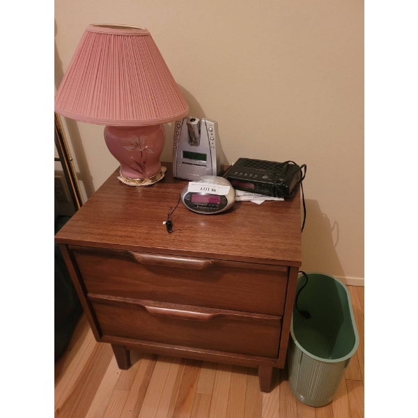 Bedroom Decor Set: Wooden Nightstand, Table Lamp, Alarm Clocks, and Trash Can