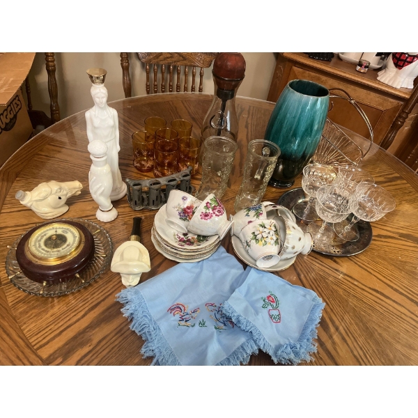 Collection of blue Mountain Crystal glasses tea, cups ship wheel barometer, and some Avon collectabl