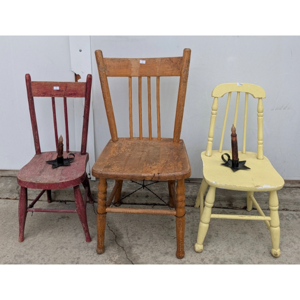3 Wooden Child-Size Chairs With Candle Holder Accents