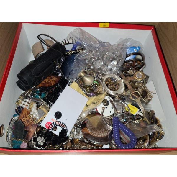 Costume Jewelry (9): Box w/ Fashion Watches, Bracelets, Small Bushnell Binoculars