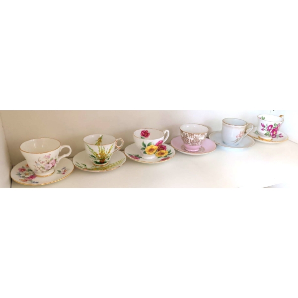 6 Stunning Mismatched Antique Teacups & Saucers - Royal Vale Crown Trent & More