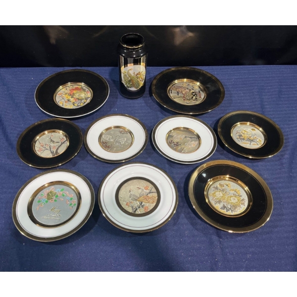 Art of Chokin Collectors Vase and Plates, 24K Gold Rim