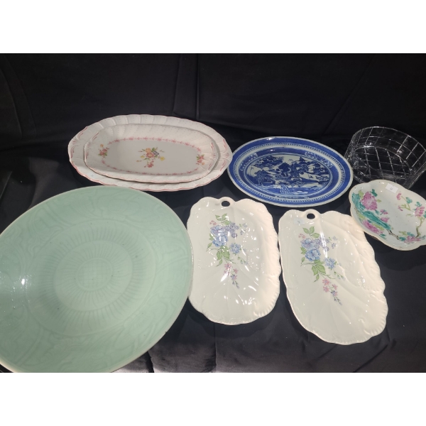 Green Plate 13.5, Nikko  Pink and White Platters- Largest: 14 x 9.5, Antique Blue & White 11 x 8.5