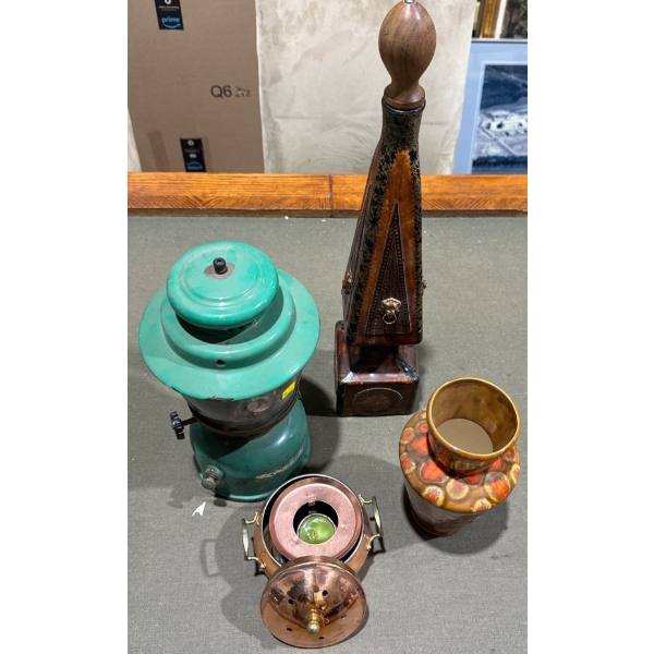 Vintage Lantern , Copper Candle Holder, Leather Flask, 