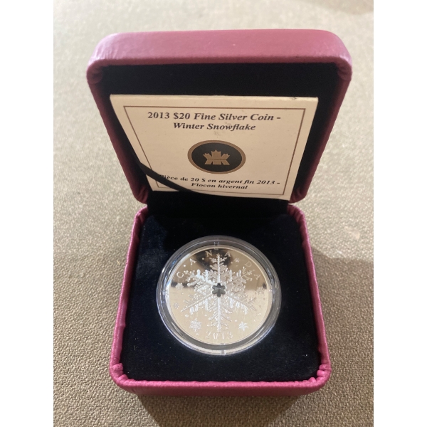 2013 Canadian $20 Fine Silver Coin, Winter Snowflake, with Swarovski Crystal
