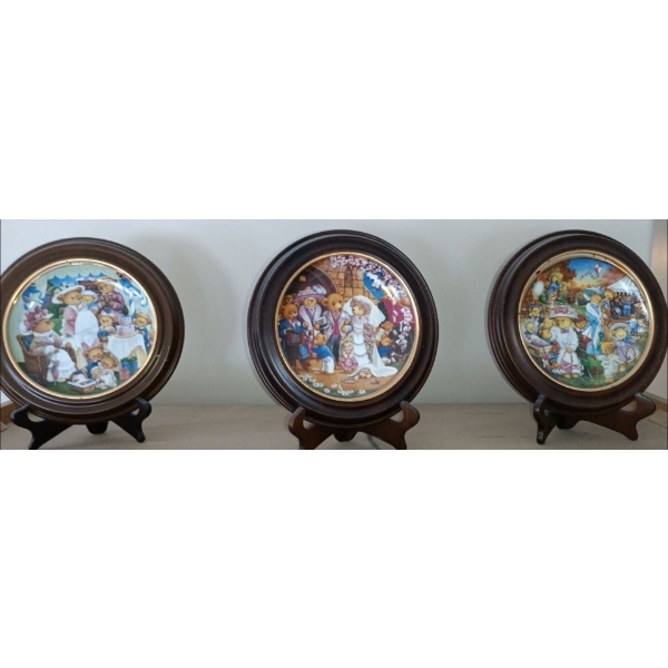 Three Franklin Mint Teddy Bear Collectible Plates W/ Frames  "Teddy Bear Outing", "Teddy Bear Weddin