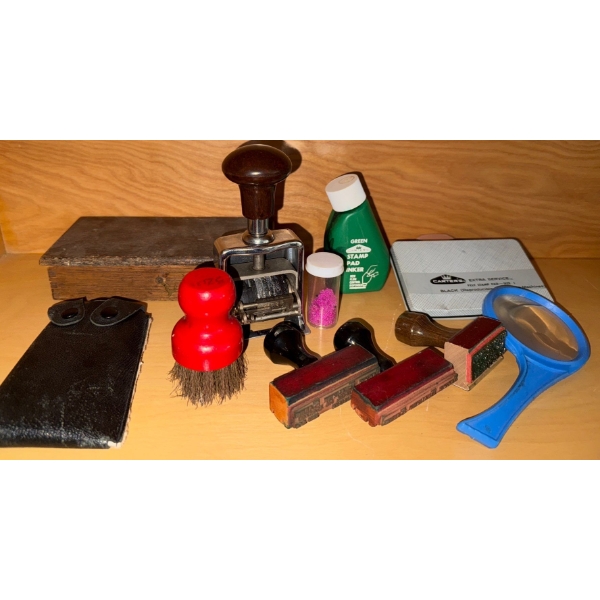 Vintage Stationary Assortment - Stamps Ink Pads Magnifying Glass & More 