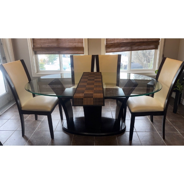 5 Piece Contemporary Dining Set w/ Glass Top & Genuine Leather Upholstery