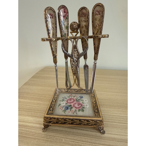 Vintage Gilt Metal Manicure Set with Floral Handles and Needlepoint Base