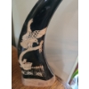 Image 3 : Pair of Beautiful Hand Carved Horns w Bird Designs.  Larger Horn 5 1/2 w, 12 h, 3 1/2 d