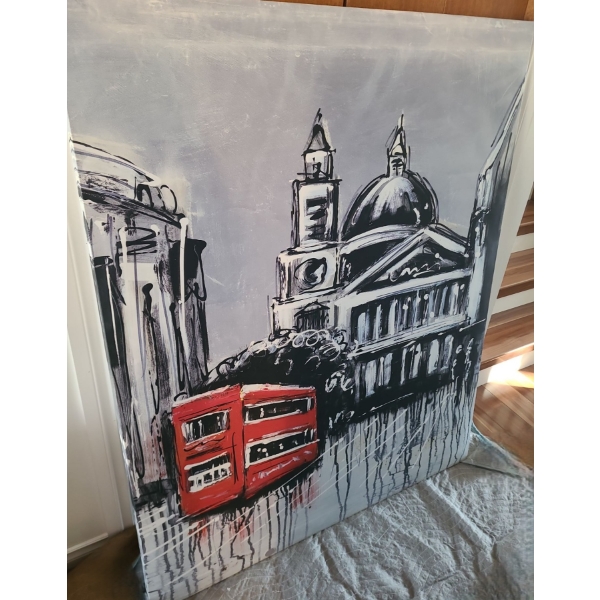 Huge Red Double Decker Bus Print on Canvs w Sound Proof Backing 47 w 59 h